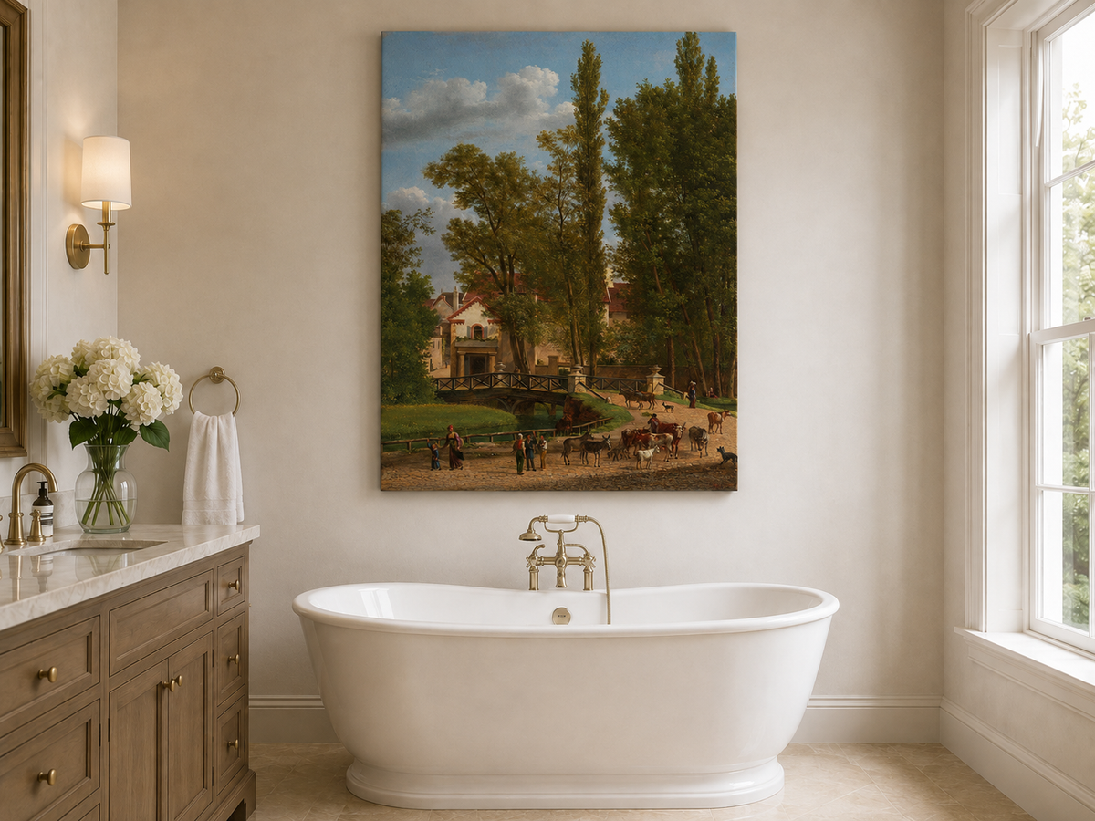 Hand-painted European country estate scene landscape oil painting displayed in a bathroom interior above a bathtub.