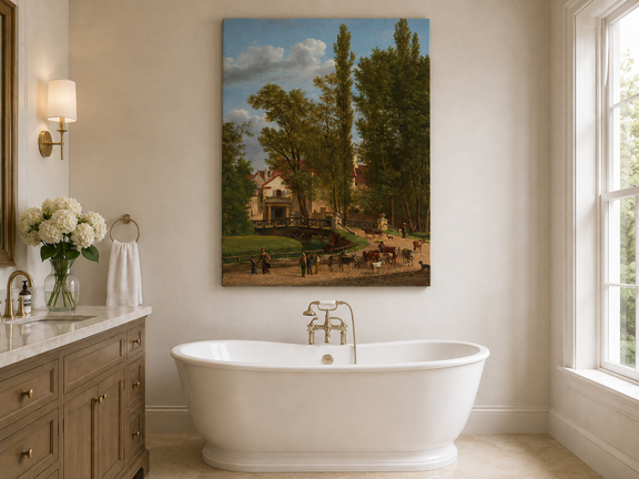 Hand-painted European country estate scene landscape oil painting displayed in a bathroom interior above a bathtub.