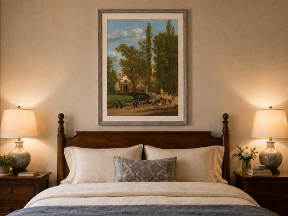 Hand-painted European country estate scene landscape oil painting displayed above a bed in a bedroom interior.