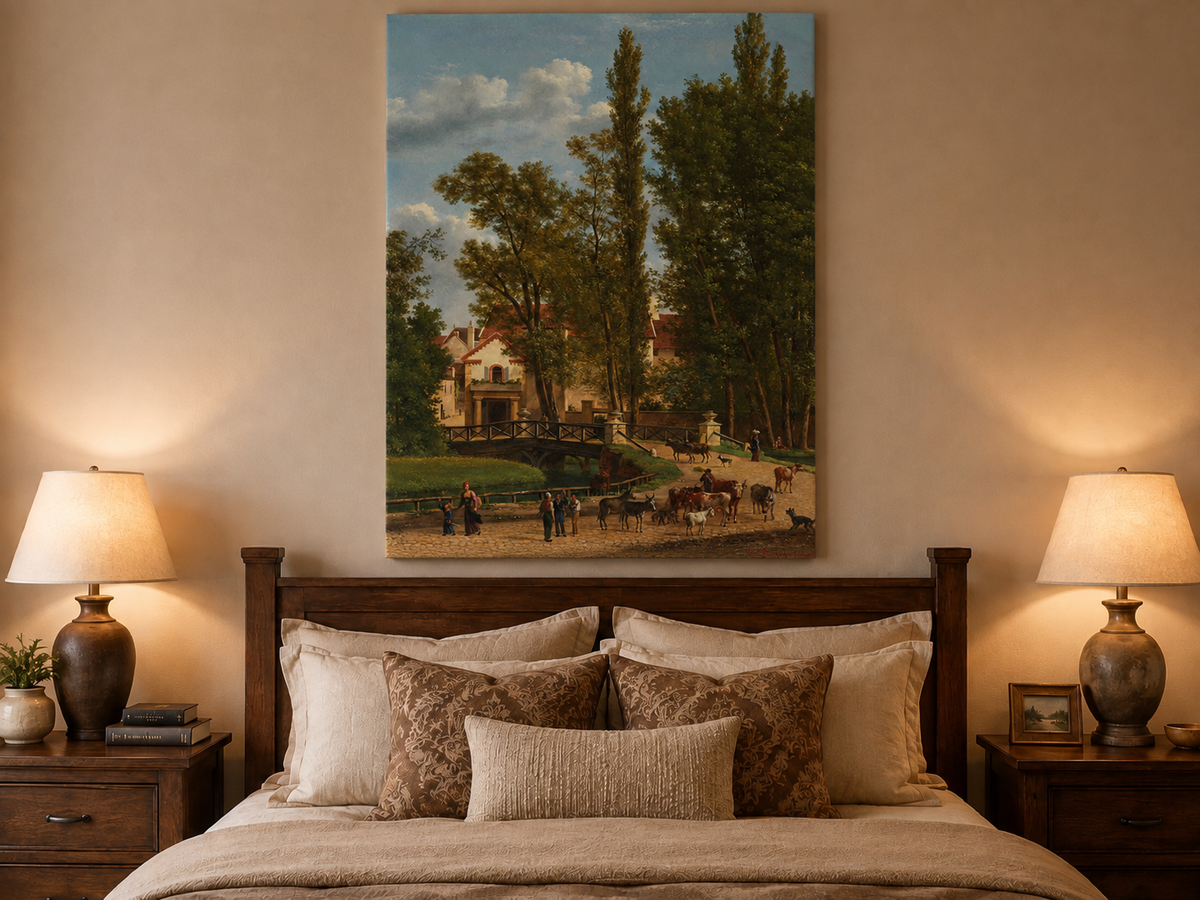 Hand-painted European country estate scene landscape oil painting displayed above a bed in a bedroom interior.