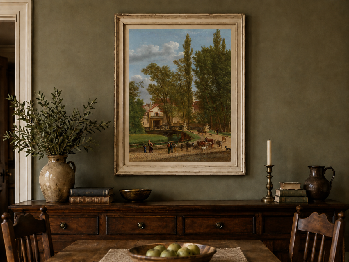 Hand-painted European country estate scene landscape oil painting displayed in a dining room interior.