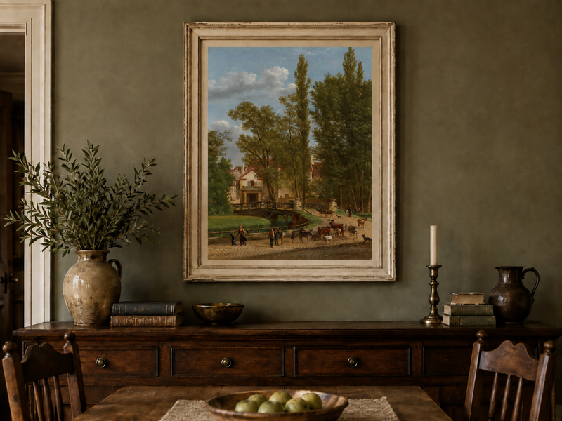 Hand-painted European country estate scene landscape oil painting displayed in a dining room interior.