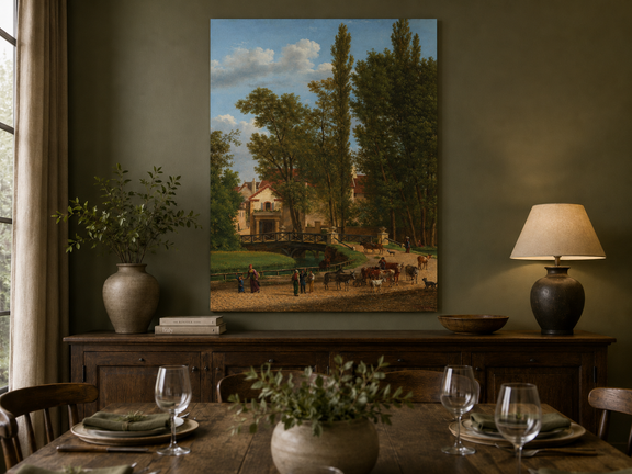 Hand-painted European country estate scene landscape oil painting displayed in a dining room interior.