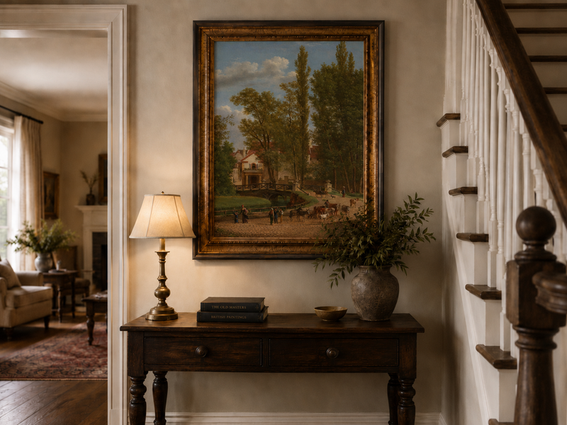 Hand-painted European country estate scene landscape oil painting displayed above a console table in a hallway interior.