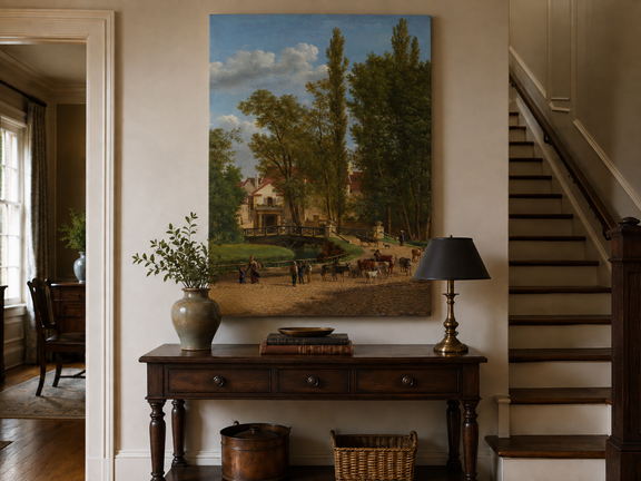 Hand-painted European country estate scene landscape oil painting displayed above a console table in a hallway interior.