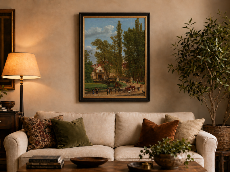 Hand-painted European country estate scene landscape oil painting displayed above a sofa in a living room interior.