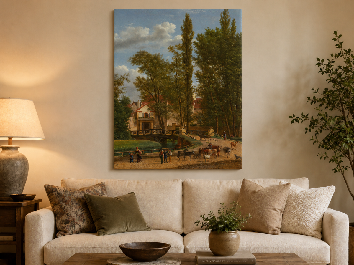Hand-painted European country estate scene landscape oil painting displayed above a sofa in a living room interior.