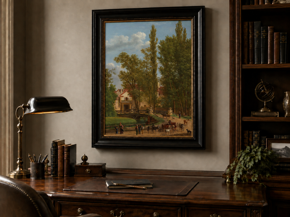 Hand-painted European country estate scene landscape oil painting displayed above a desk in a home office interior.