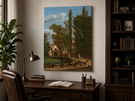 Hand-painted European country estate scene landscape oil painting displayed above a desk in a home office interior.