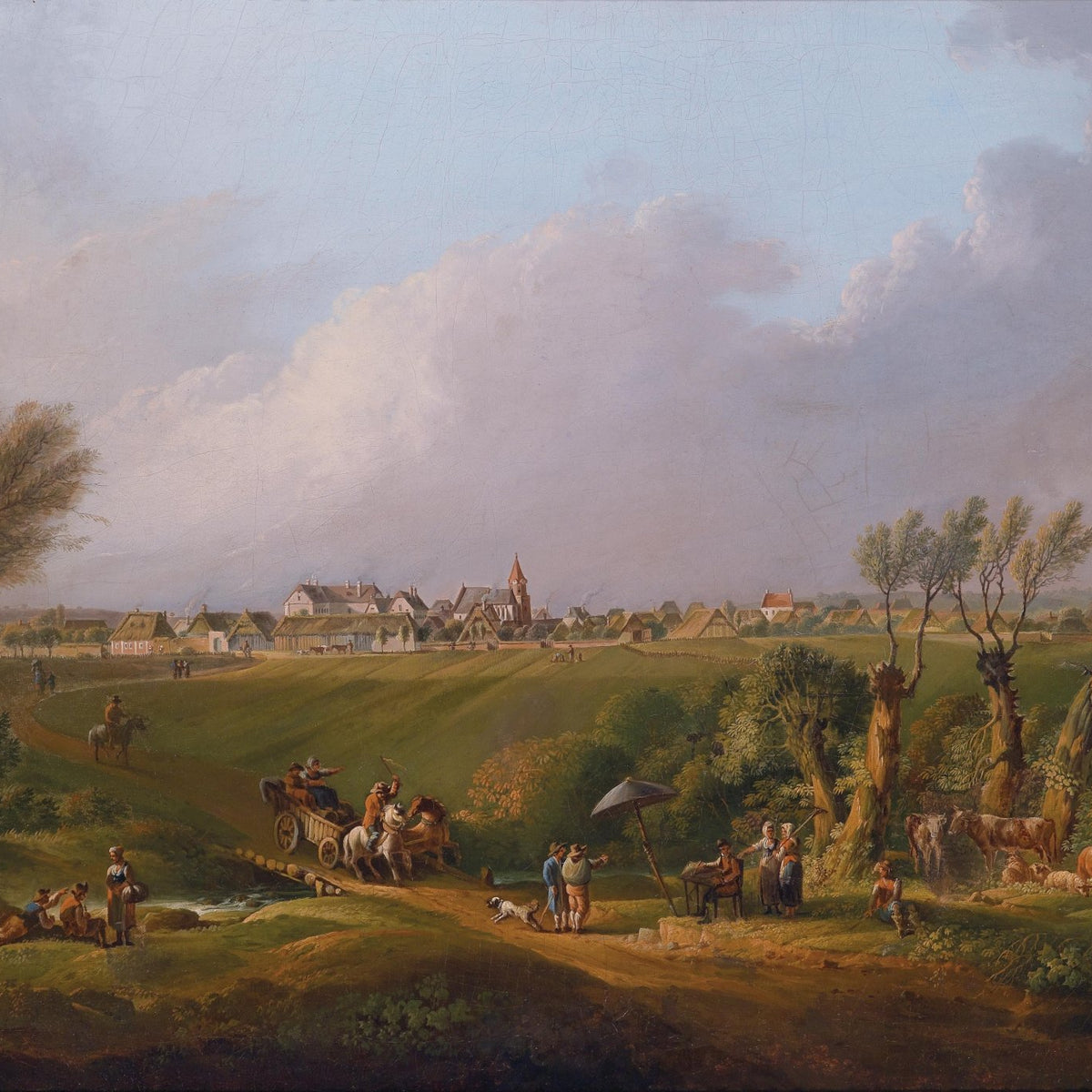 European Countryside Village, Figures, Fields – Landscape Oil Painting - Oil Painting Haven