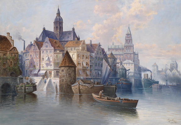European Harbor City with Canal and Boats – Landscape Oil Painting - Oil Painting Haven