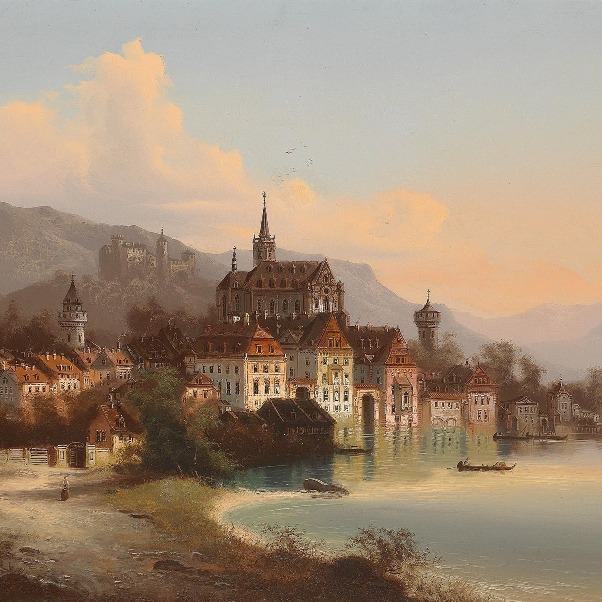 European Lakeside Castle Town, Boats, Sunset – Landscape Oil Painting - Oil Painting Haven