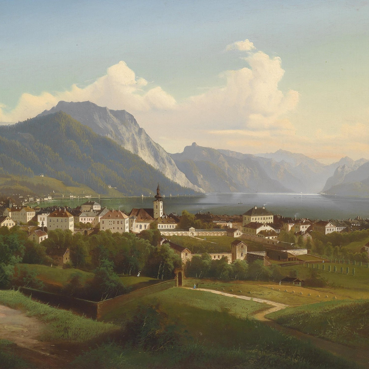 European Lakeside Town, Mountains at Sunset – Landscape Oil Painting - Oil Painting Haven