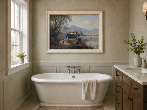 Hand-painted European lakeside village landscape oil painting displayed in a bathroom interior above a bathtub.