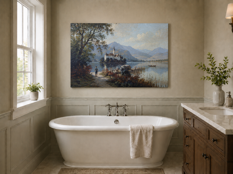 Hand-painted European lakeside village landscape oil painting displayed in a bathroom interior above a bathtub.