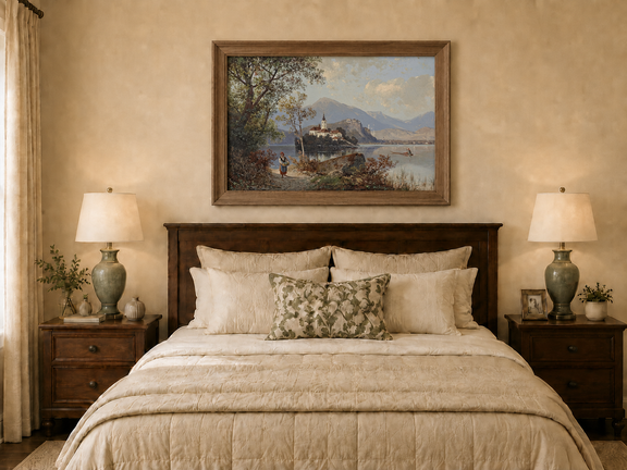 Hand-painted European lakeside village landscape oil painting displayed above a bed in a bedroom interior.