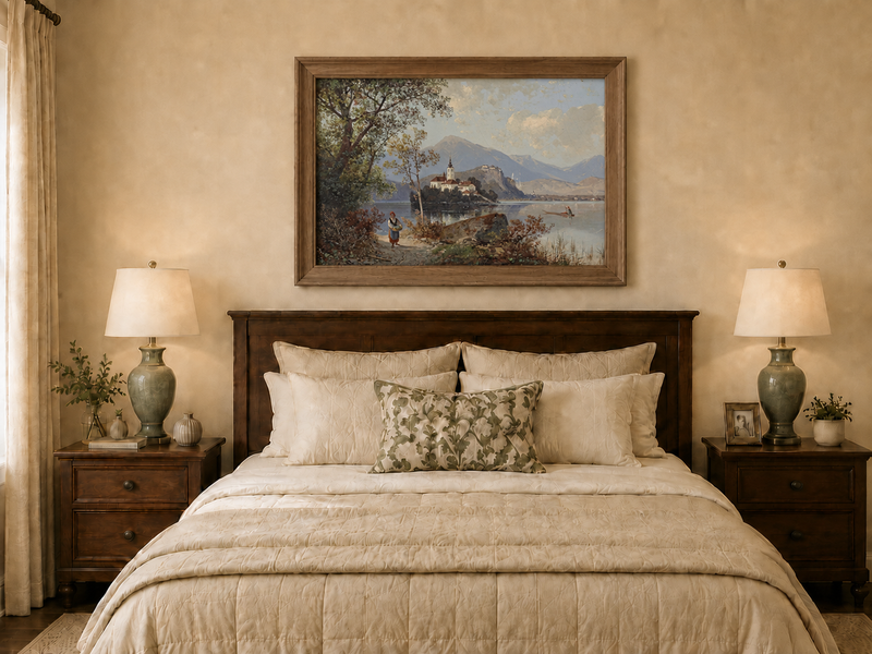 Hand-painted European lakeside village landscape oil painting displayed above a bed in a bedroom interior.
