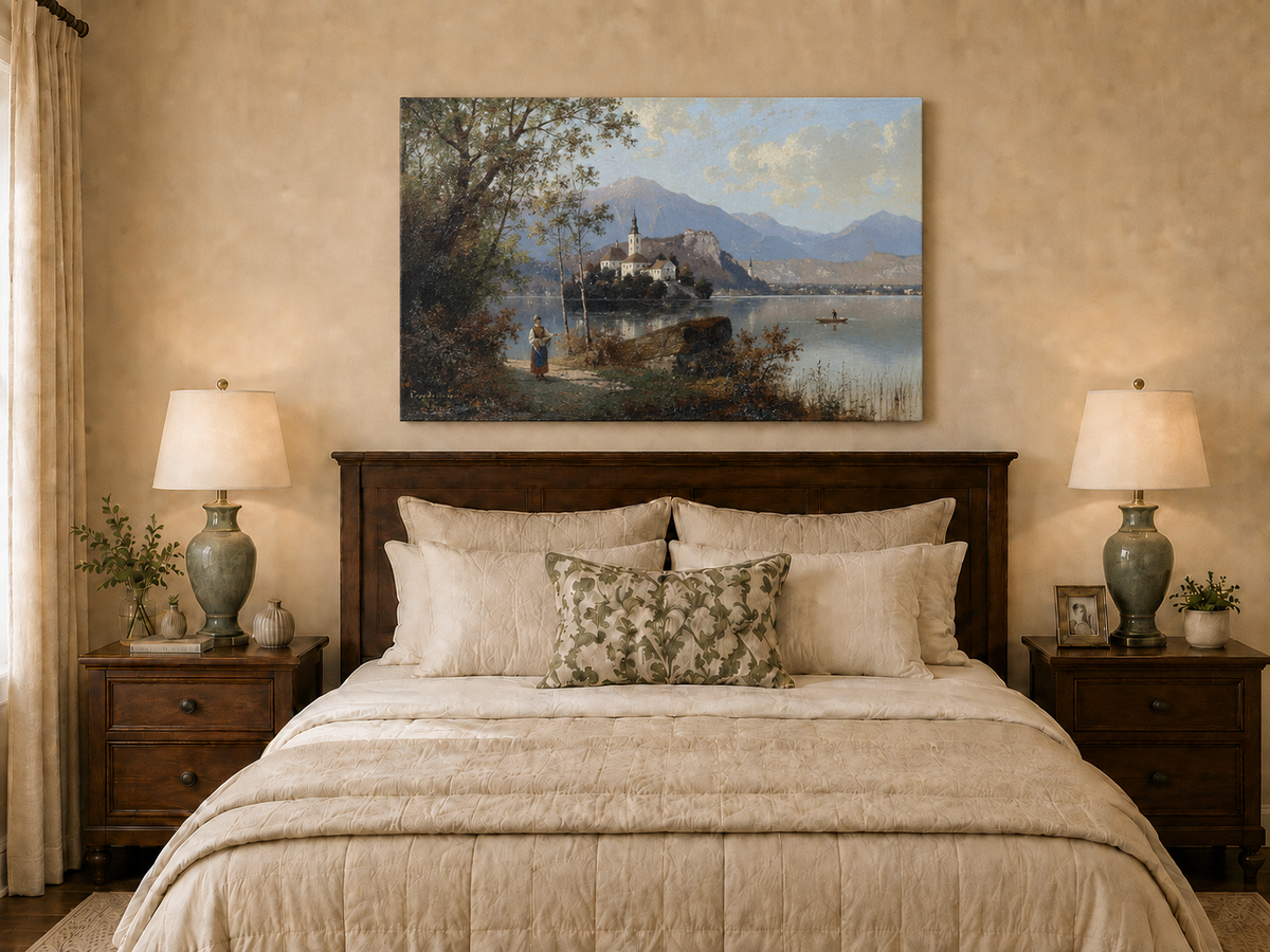 Hand-painted European lakeside village landscape oil painting displayed above a bed in a bedroom interior.