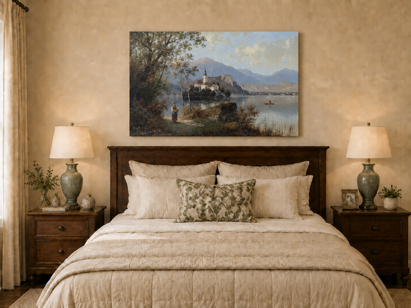 Hand-painted European lakeside village landscape oil painting displayed above a bed in a bedroom interior.