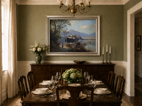 Hand-painted European lakeside village landscape oil painting displayed in a dining room interior.