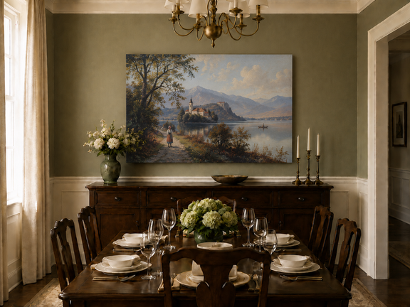 Hand-painted European lakeside village landscape oil painting displayed in a dining room interior.