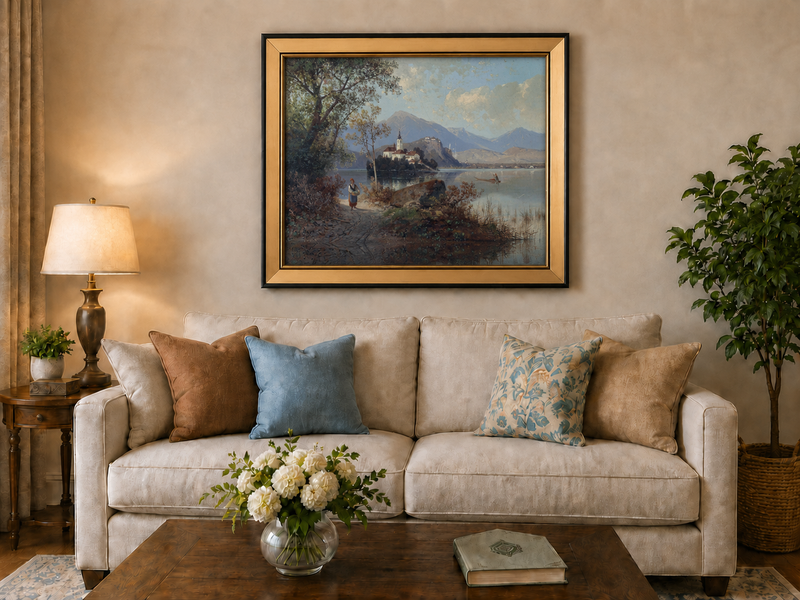 Hand-painted European lakeside village landscape oil painting displayed above a sofa in a living room interior.