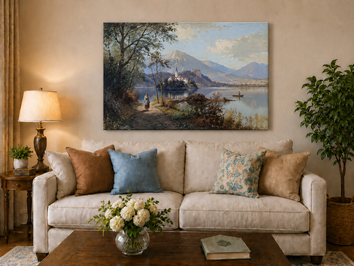 Hand-painted European lakeside village landscape oil painting displayed above a sofa in a living room interior.