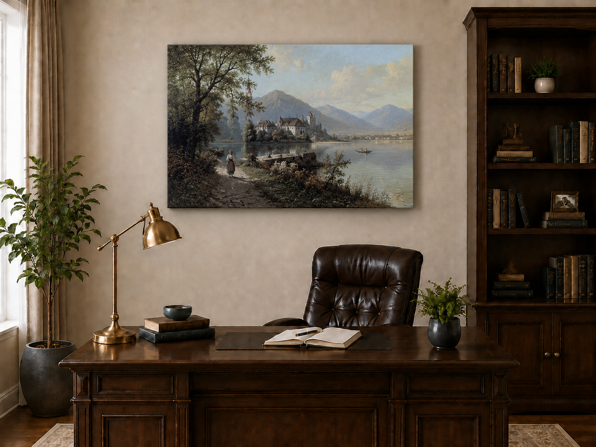 Hand-painted European lakeside village landscape oil painting displayed above a desk in a home office interior.