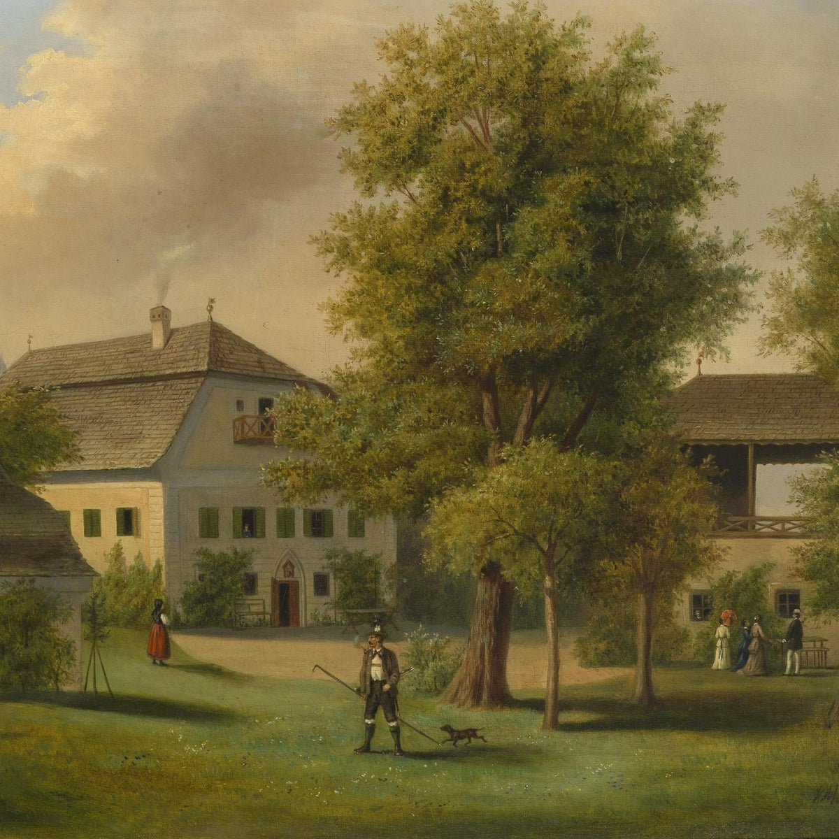 European Manor Garden with Figures – Landscape Oil Painting - Oil Painting Haven