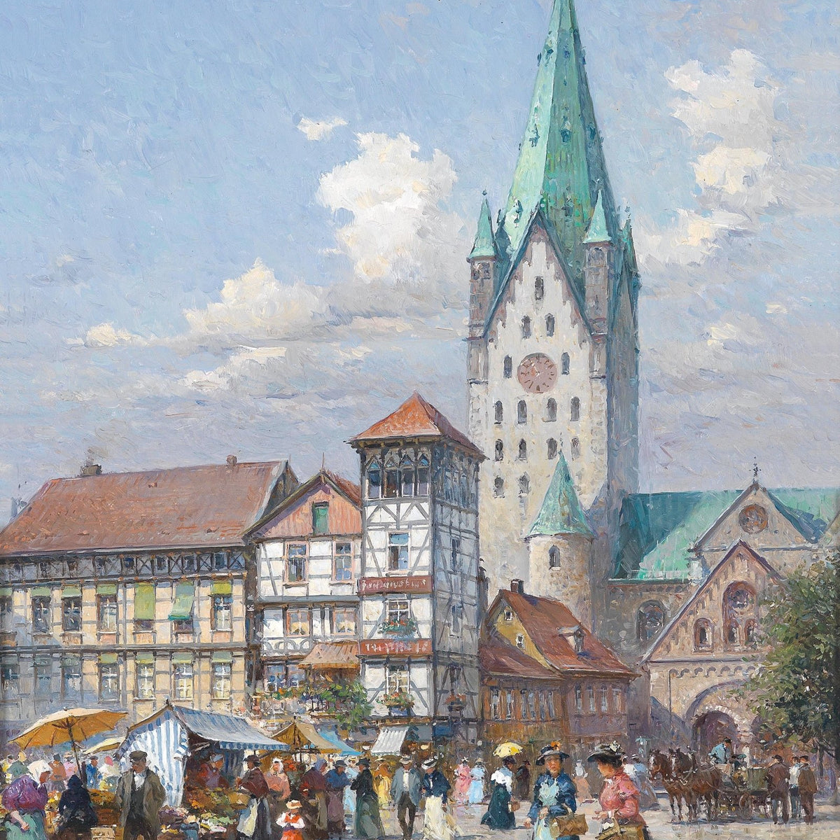 European Market Square with Church Tower – Landscape Oil Painting - Oil Painting Haven