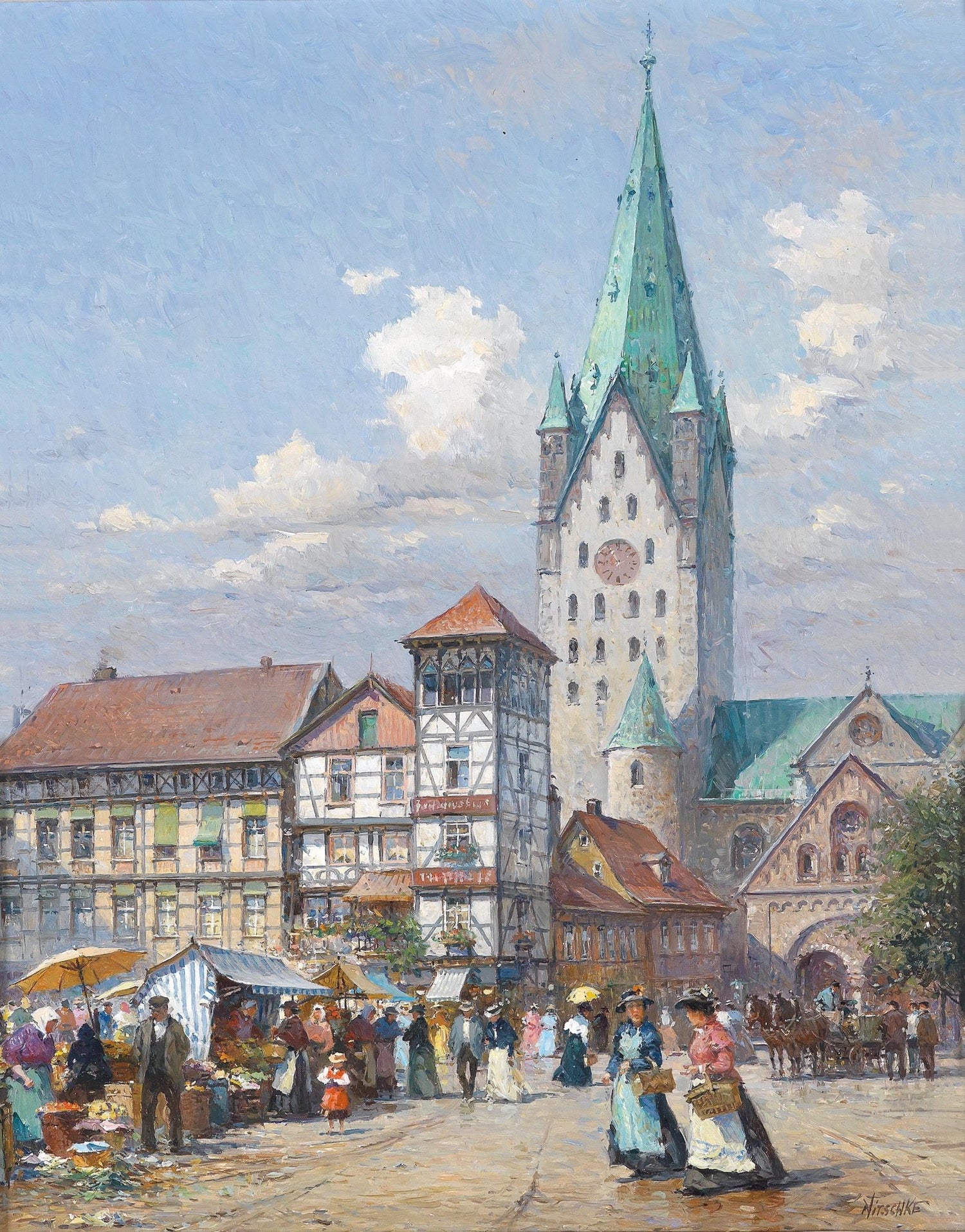 European Market Square with Church Tower – Landscape Oil Painting - Oil Painting Haven