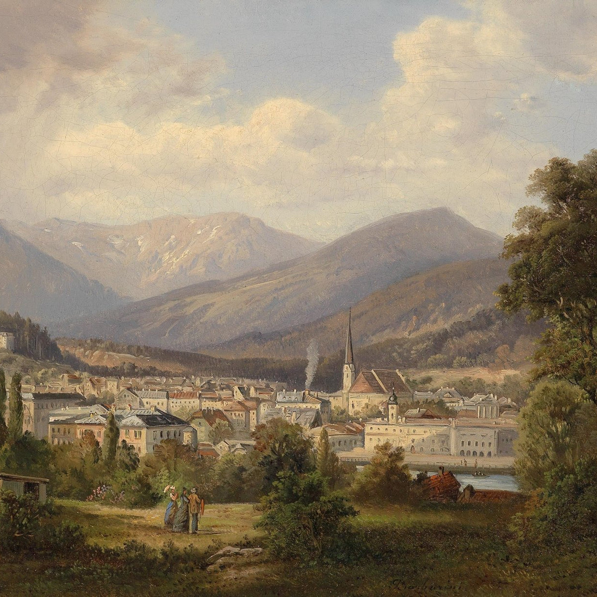 European Mountain Town, Church, Valley View – Landscape Oil Painting - Oil Painting Haven