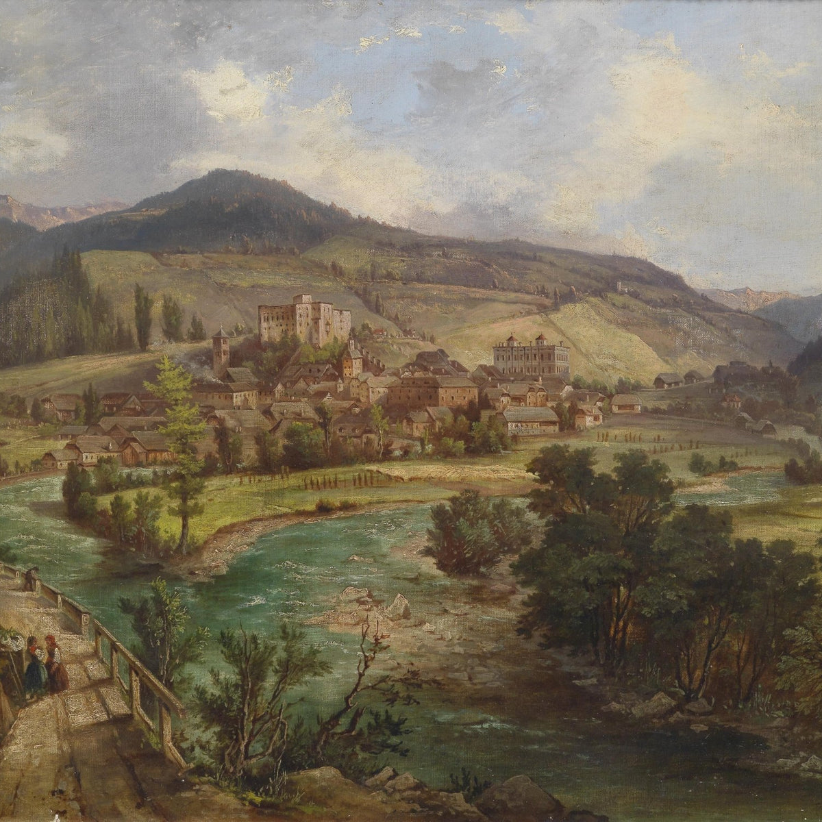 European Mountain Village by the River Valley – Landscape Oil Painting - Oil Painting Haven