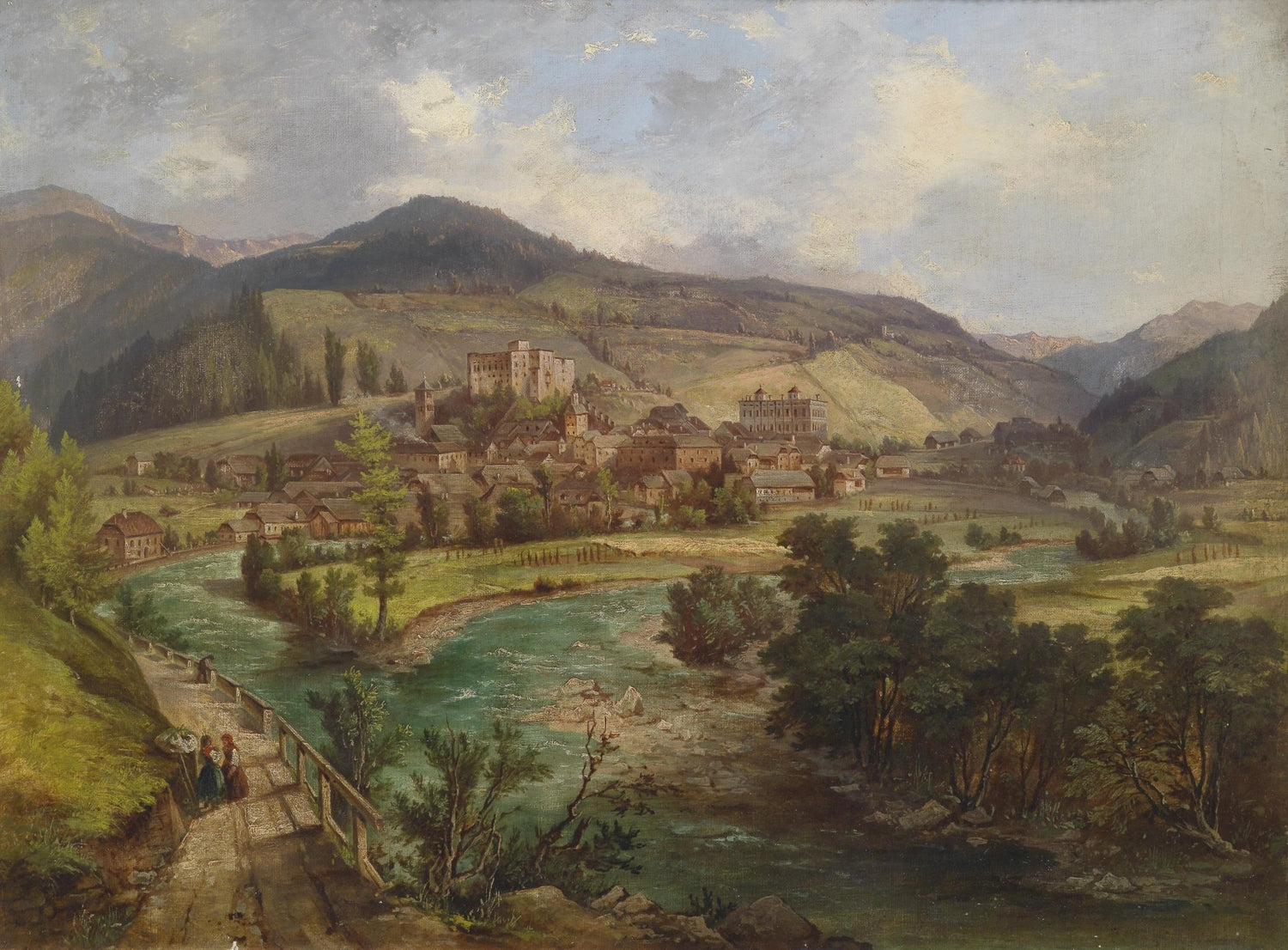 European Mountain Village by the River Valley – Landscape Oil Painting - Oil Painting Haven