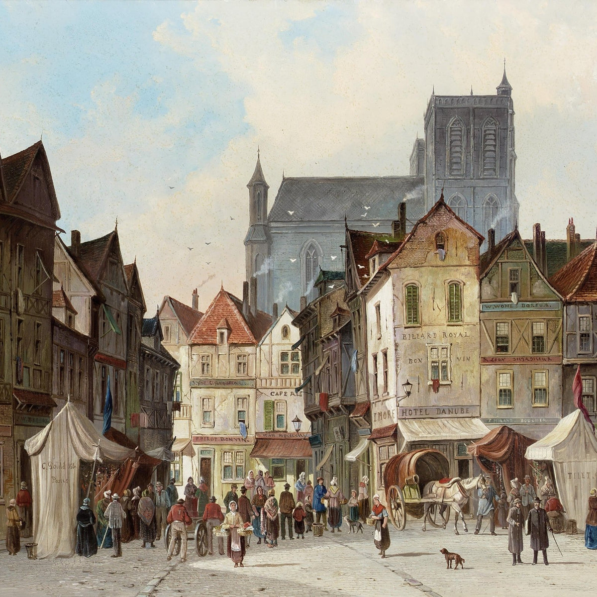 European Old Town Market Scene with Cathedral – Landscape Oil Painting - Oil Painting Haven