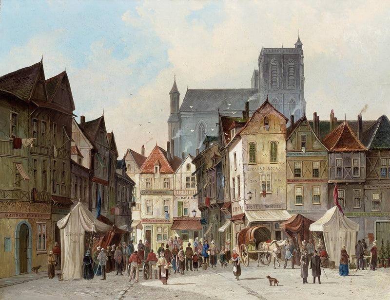 European Old Town Market Scene with Cathedral – Landscape Oil Painting - Oil Painting Haven