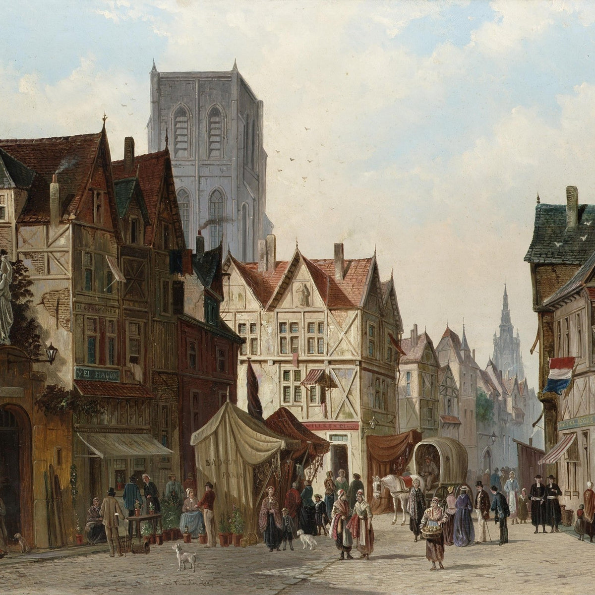 European Old Town Street with Market, Figures – Landscape Oil Painting - Oil Painting Haven