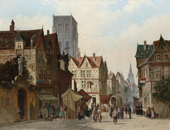European Old Town Street with Market, Figures – Landscape Oil Painting - Oil Painting Haven