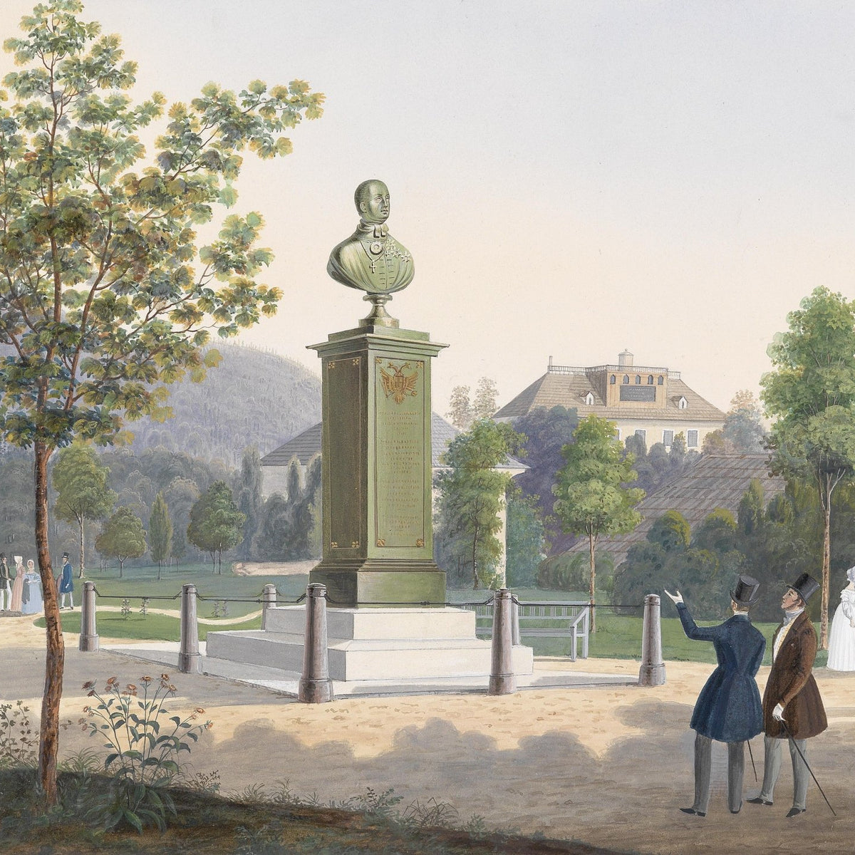 European Park Landscape Oil Painting with Monument and Figures - Oil Painting Haven