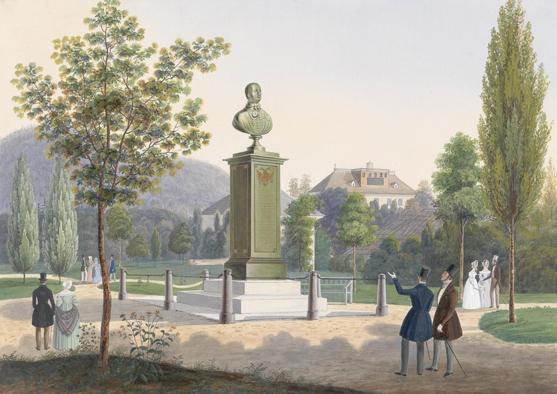 European Park Landscape Oil Painting with Monument and Figures - Oil Painting Haven