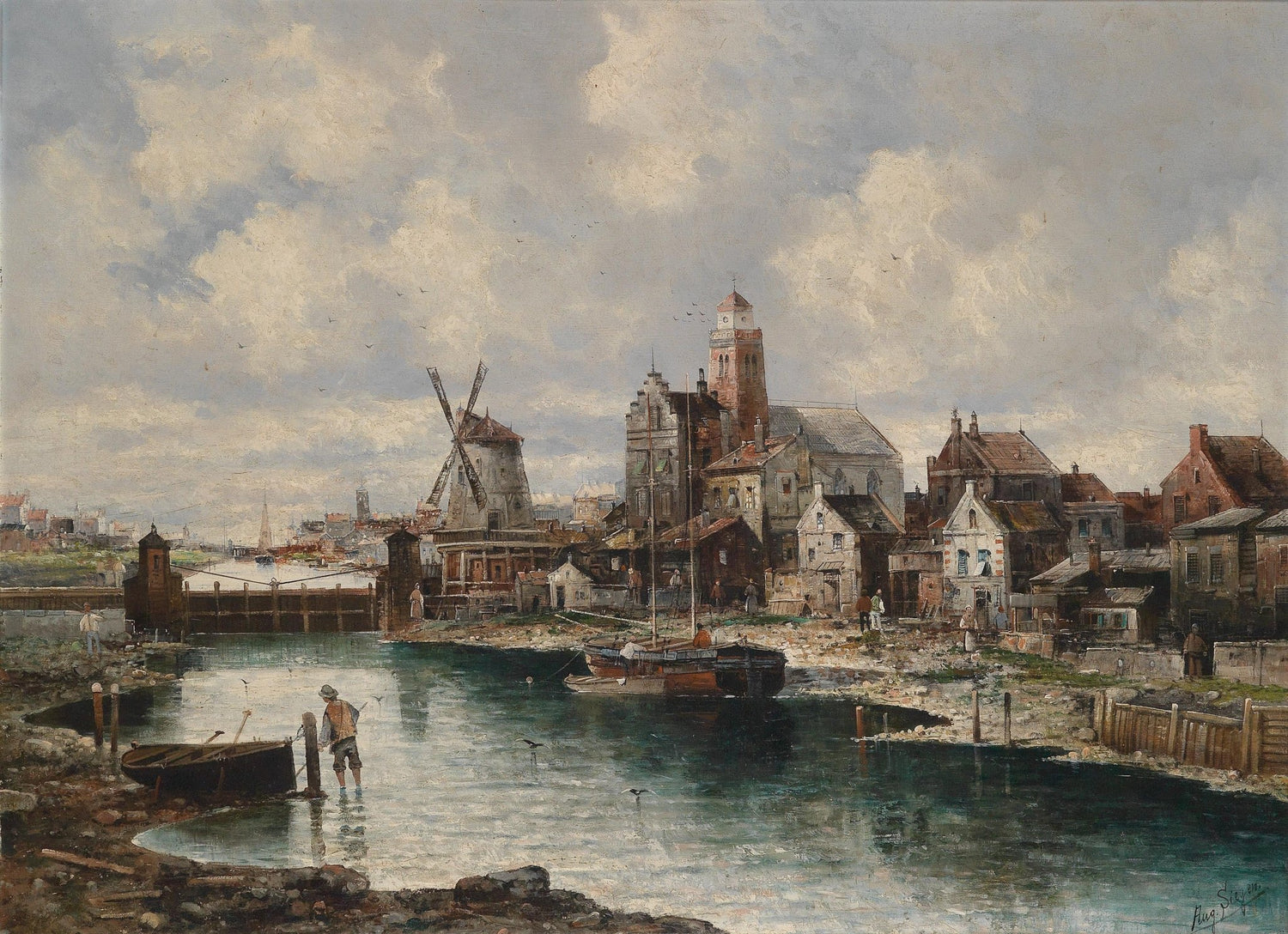 European River Harbor with Windmill and Town – Landscape Oil Painting - Oil Painting Haven