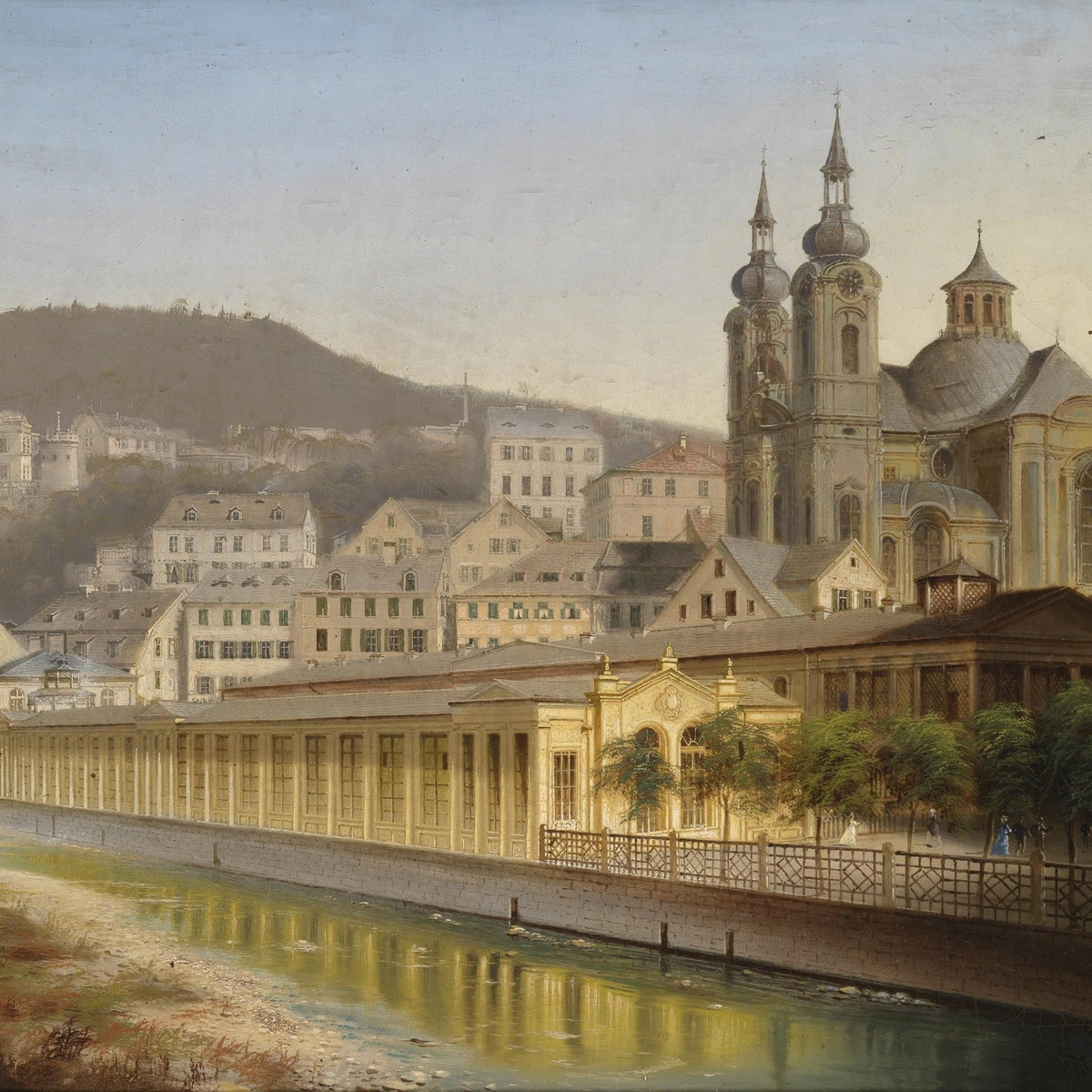 European Riverside City with Cathedral – Landscape Oil Painting - Oil Painting Haven