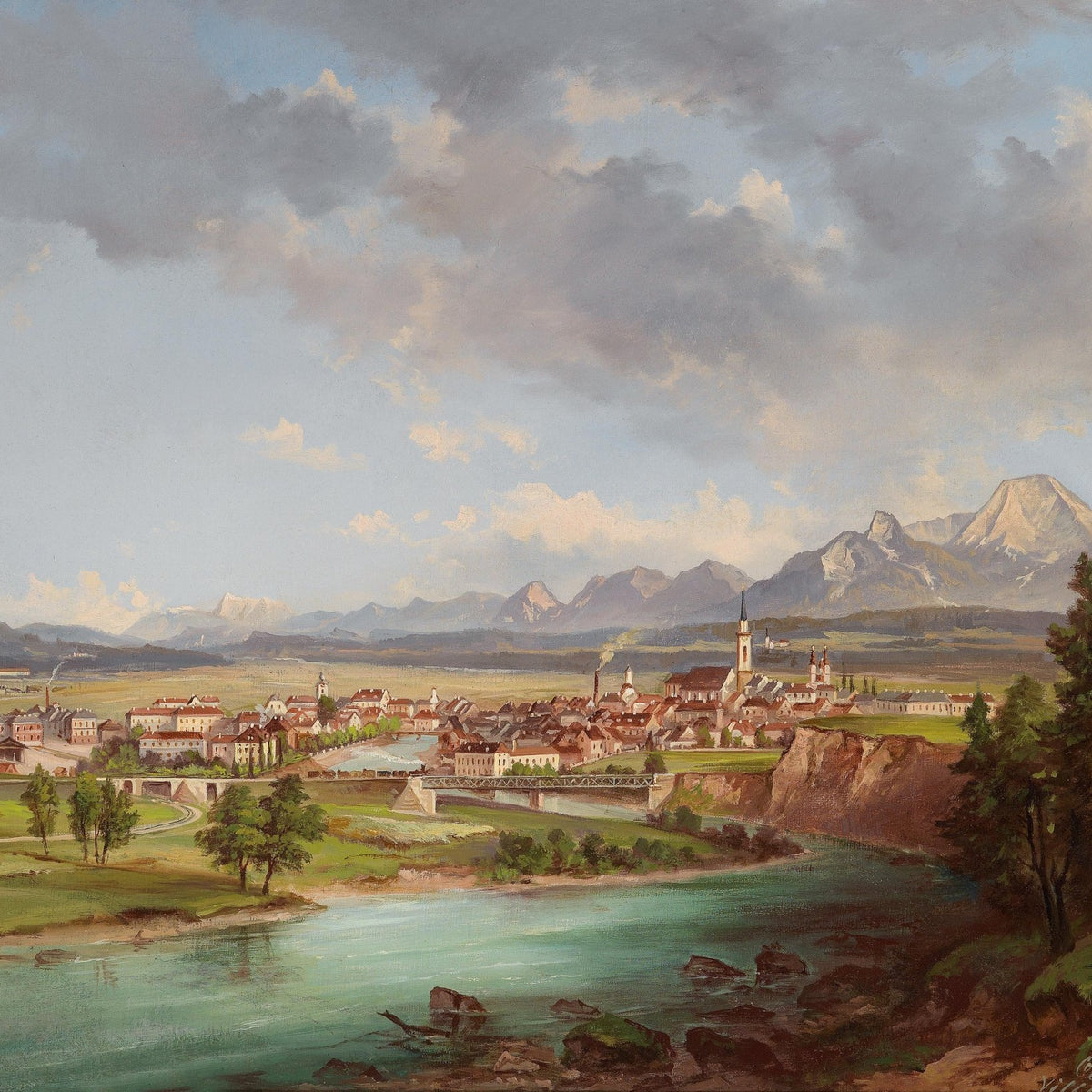 European Town by the River with Mountains – Landscape Oil Painting - Oil Painting Haven