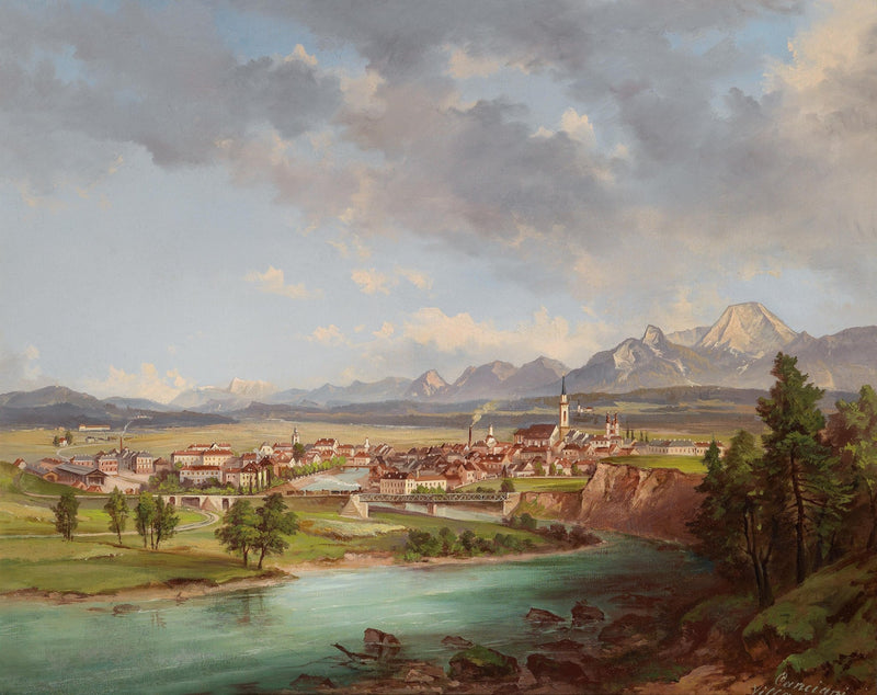 European Town by the River with Mountains – Landscape Oil Painting - Oil Painting Haven