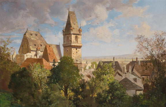 European Town Landscape Oil Painting with Church Tower, Hand Painted - Oil Painting Haven