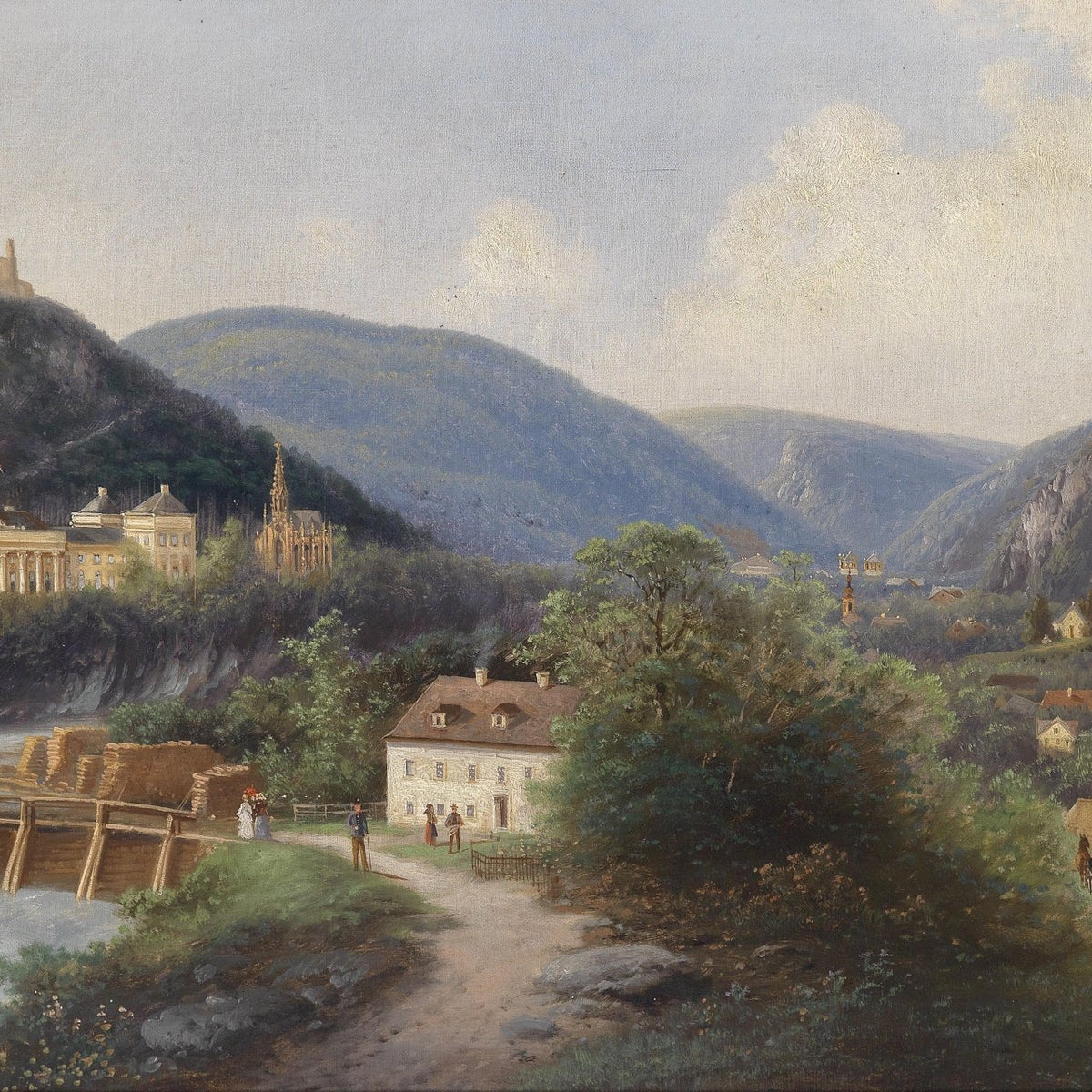 European Valley Town with Castle | Hand - Painted Landscape Oil Painting - Oil Painting Haven
