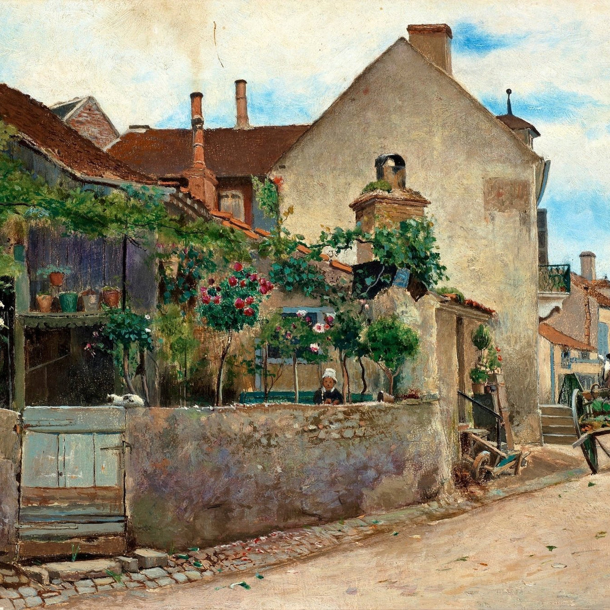 European Village Street, Garden Courtyard – Landscape Oil Painting - Oil Painting Haven