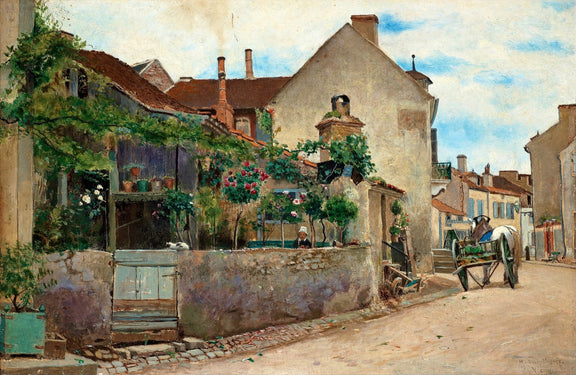 European Village Street, Garden Courtyard – Landscape Oil Painting - Oil Painting Haven