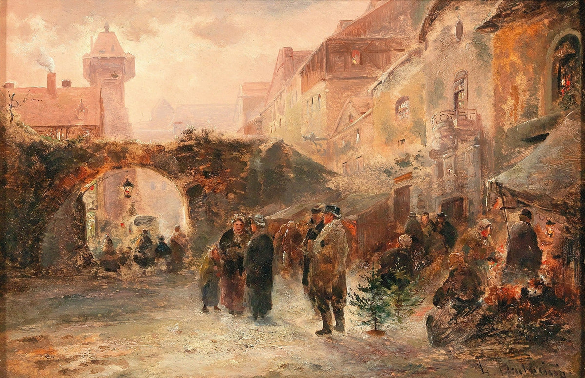 Evening Street Market under Old City Arch - People Oil Painting - Oil Painting Haven