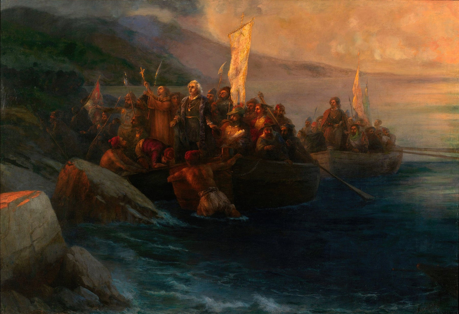 Explorers Landing on New Shores at Dawn - People Oil Painting - Oil Painting Haven